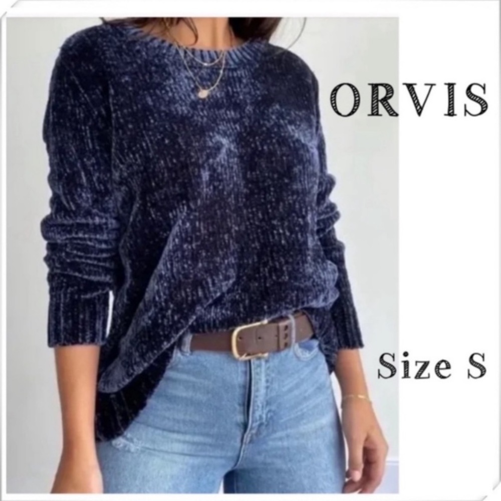 Orvis Chenille Chunky Crew Neck Loise fit Pullover Sweater Navy Blue Size S